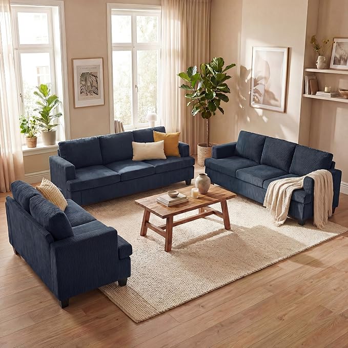 YOUDENOVA Sofa, 3 Piece Set Comfy Sofa, Loveseat & 2 3-Seater Couch with Deep Seats for Living Room, Modern Sleeper Couch, Blue Corduroy