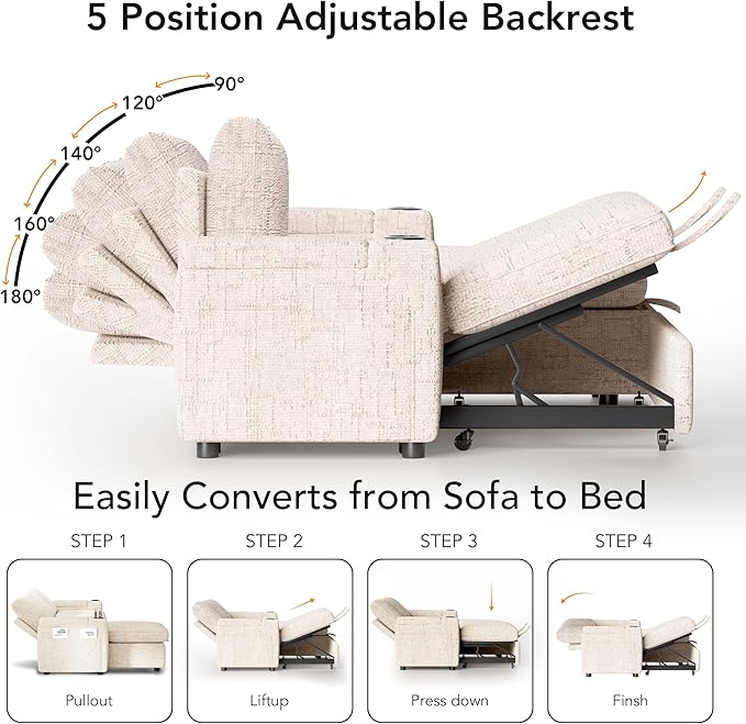 Vipbear Sleeper Sofa Bed, 82" Pull Out Couch with Reclining Backrest/Reversible Storage Chaise, 3 in 1 L-Shaped Couch with Armrest Storage | Cup Holder | Side Pocket | Tool-Free Assembly | Beige