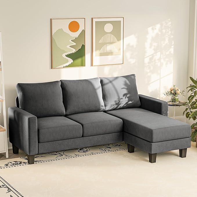 YESHOMY Small Couches for Living Room, Modern Sectional Couch, Comfy Sofa with L-Shaped Chaise, Convertible Sofas with Ottoman and Side Pockets for Small Space, Dark Grey