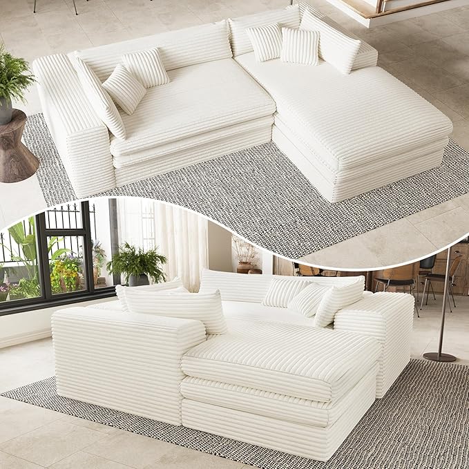 Belffin Boneless Cloud L Shaped Couch with Deep Seat Plush Corduroy Boneless Modular Cloud Sectional Couches for Living Room. Right Facing Chaise. Beige Sofa