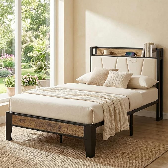 LIKIMIO Twin Bed Frames, Storage Headboard with Charging Station, Solid and Stable, Noise Free, No Box Spring Needed, Easy Assembly (Walnut and Beige)