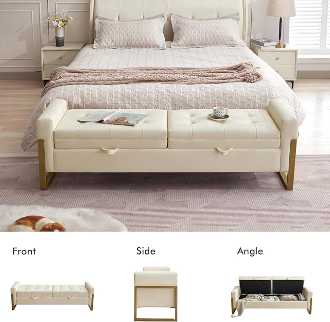 67" End of Bed Storage Bench King Size, Upholstered Faux Leather Bench for Bedroom Foot of Bed, Double Lids Storage Ottoman Bench with Golden Legs for Window Living Room Entryway, Beige