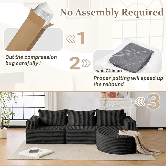 103”Boneless Couches for Living Room, L-Shaped Modular Sectional Sofa with Chaise, Modern Corduroy Cloud Couch with Deep Seat, Comfy Sponge Compression Convertible Sofas
