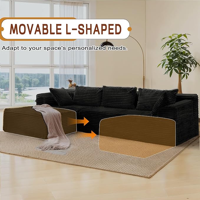 110" L-Shaped Modular Sectional Sofa with Chaise, Boneless Comfy Corduroy Fluffy Couch with Deep Seat and Side Pockets, Flexible Module Combination for Living Room, No Assembly, Side Pockets