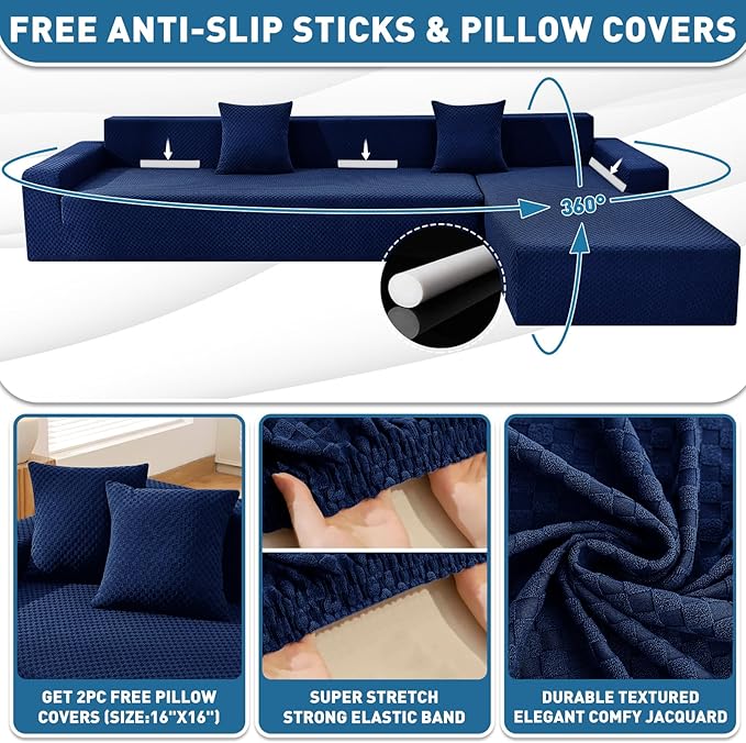 ZNSAYOTX Sectional Couch Covers, Stretch Jacquard Slipcovers with Elastic Bottom for L-Shape Sectional Sofa, 2 Pcs Pet Friendly Modular Sofa Protector (3 Seat Couch + 3 Seat Chaise, Navy Blue)