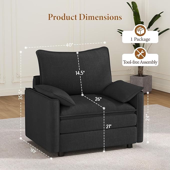 Vesgantti 40" Single Seat Sofa, Comfy Cloud Couch Deep Seat Upholstered Couch Chenille Modern Sofa with Armrest Pillows, Easy Assembly for Living Room, Bedroom and Apartment, Black