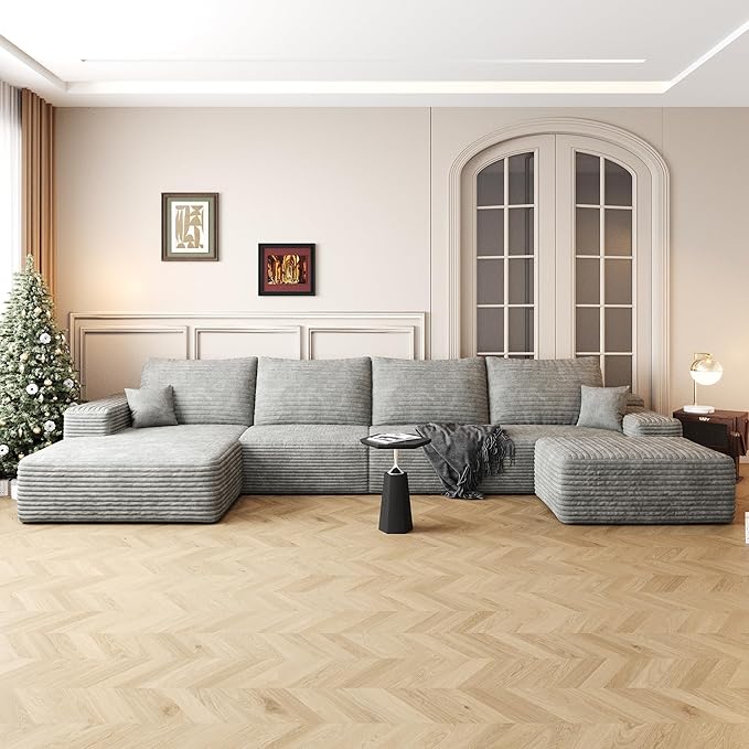136" Sectional Couches for Living Room Cloud Couch Sofa with L-Shape Upholstered Boneless Couchs Modern Modular Sectional Couch with Chaise (Grey, 136" Left Facing Chaise+3Seaters+Ottoman)