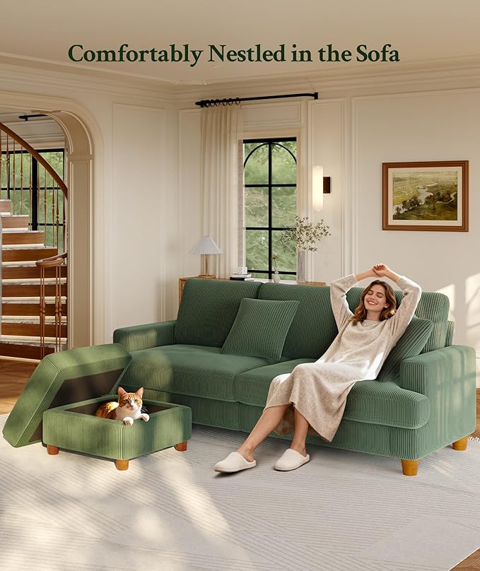 87.2" Couches for Living Room, Comfy L Shaped Couch Green 7.5" Thicker Cushion, Sofas for Living Room Tool-Free Setup, Loveseat with Ottoman 848lbs Support, Corduroy Couch for Bedroom, Office
