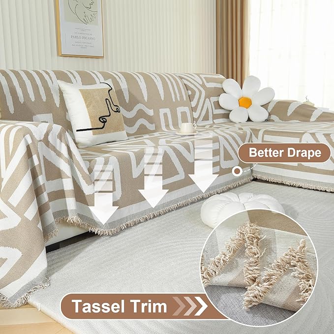 OstepDecor Boho Sectional Couch Covers 2 Pieces, L Shaped Sofa Cover, Chenille Couch Cover for Dogs Washable, Couch Cover Blanket, Sofa Slipcover for 2-3 Cushion Couch (71"x118"+91"x134", Khaki)