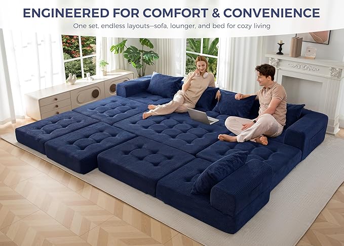 MAXYOYO Modular Sectional Sofa Couch, Foldable U Shaped Cloud Couch with Pillows, Tufted 6-Seat Boneless Sleeper Lounger Floor Sofa Bed for Living Room, No Assembly Required, Navy