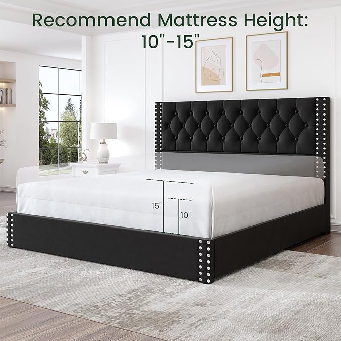 LARMACE King Size Bed Frame with 4 Storage Drawers and Tufted Headboard Linen Upholstered Platform Bed Frame with Heavy Duty Wood Slats, No Box Spring Needed, Easy Assembly,Black