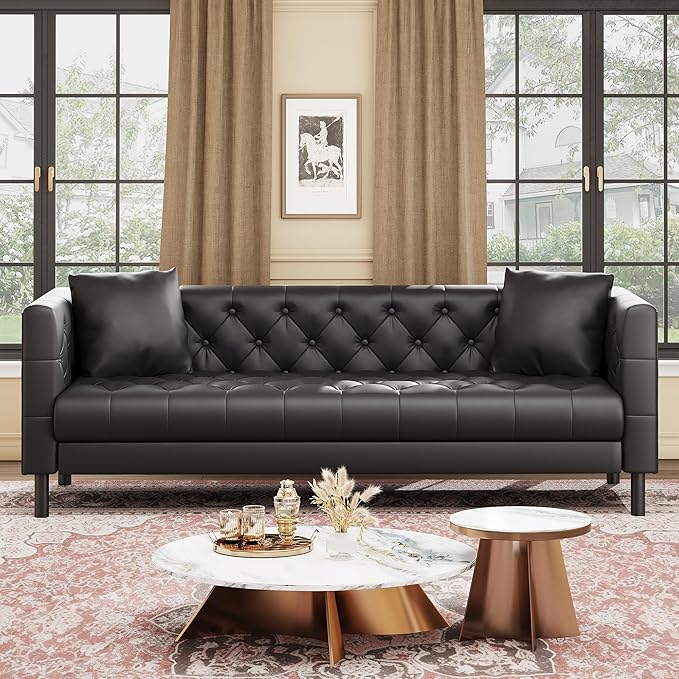 GarveeHome 78" Leather Couch for Living Room, Button-Tufted 3 Seater Sofa with 2 Pillows and Deep Seat, Modern Mid-Century Leather Sofa for Apartment, Office