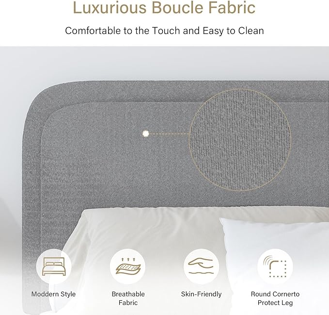 BarnFurin King Size Boucle Bed Frame and Headboard, Cloud Upholstered Platform Bed Frame, Soft Rounded Corners, No Box Spring Required, Non-Slip and Noise-Free, Easy Assembly, Light Grey