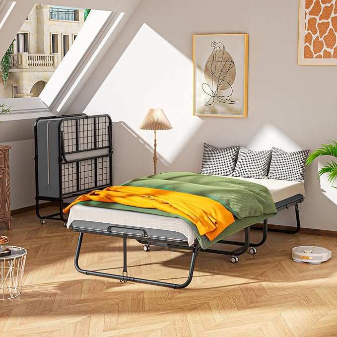 SUNCROWN Folding Bed with Mattress, 75” x 38” Portable Rollaway Bed, Space-Saving Sturdy Metal Frame, Fold up Bed with 5" Memory Foam Mattress