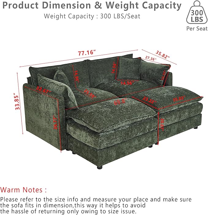 Setawix Deep Loveseat Couch with Ottomans,Large 2 Seater Lounger Cloud Couches for Living Room,77.16" Chenille Cloud Sofas with Deep Seat,Modular Sectional Sleeper Sofa for Bedroom (Green, 2+2)