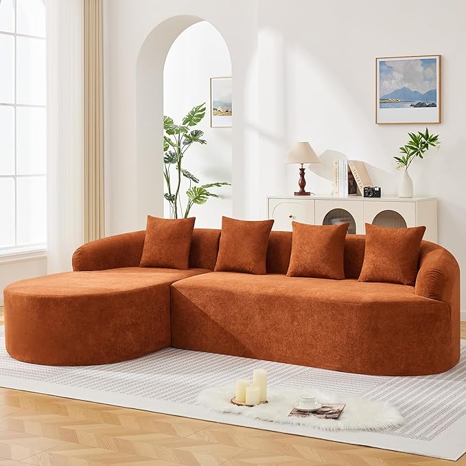Boneless L Shaped Sofa Couch, Oversized Sectional Curved Cloud Sofa with Chaise Lounge, Chenille 4 Seats Deep Seat Couches for Living Room, No Assembly, Orange