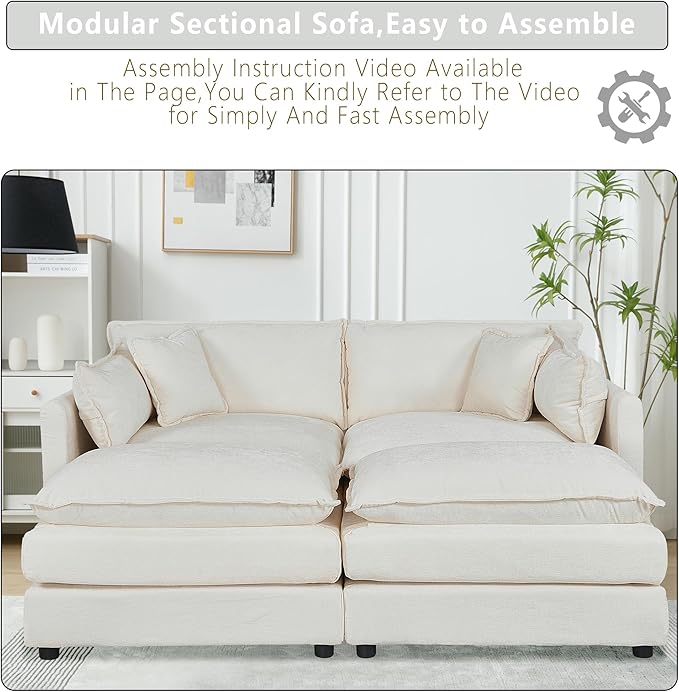 Setawix Deep Loveseat Couch with Ottomans,Large 2 Seater Lounger Cloud Couches for Living Room,77.16" Chenille Cloud Sofas with Deep Seat,Modular Sectional Sleeper Sofa for Bedroom (Beige, 2+2)
