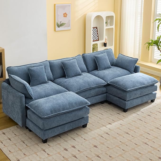 111'' Sectional Cloud Deep Seat Couch, Oversized Chenille U Shaped Sectional Sofa for Living Room Set, Comfy Upholstered Modular 5-Seats Sectional Sofa Couch with 2 Movable Ottoman, Blue