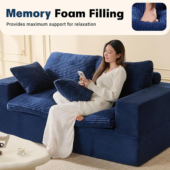 74.8” Set of Cloud Couch, Modular Loveseat Sofa, Convertible Sofas Bed, Deep Seat Sofa, Cozy Sofa for Living Room, Office and Bedroom, Corduroy, Blue