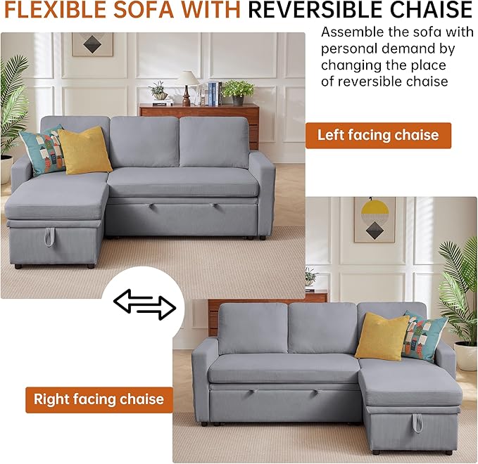 79" Sectional Sofa Couch, L Shaped Sleeper Sofa Bed with Reversible Storage Chaise, Side Pockets, Durable Cushions, Convertible Pull Out Bed Couch for Living Room, Light Grey
