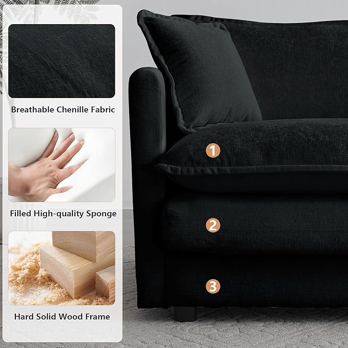 mikibama Modular Sectional Sofa, 111.5 Inch L Shaped Couch Set for Living Room, 3-Seater Comfy Cloud Couches with Movable Ottoman, DIY Combination, Chenille, Black