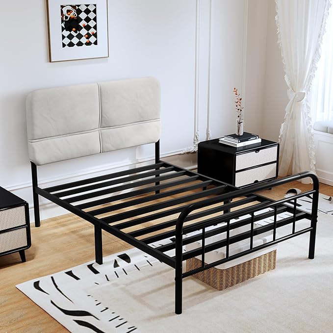 14Inch Metal Bed Frame,Twin Size Bed Frame with Upholstered Headboard,Heavy Duty Sturdy Mattress Foundation,Easy Assembly,No Box Spring Needed,White-Twin