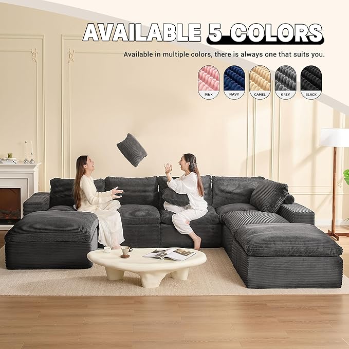 106.3” Sectional Couches for Living Room, Cloud Couch, Modular Sectional Sofa, Convertible Sofas Bed, Deep Seat Sofa, U Shaped Cozy Sofa Furniture Set, Corduroy, Grey