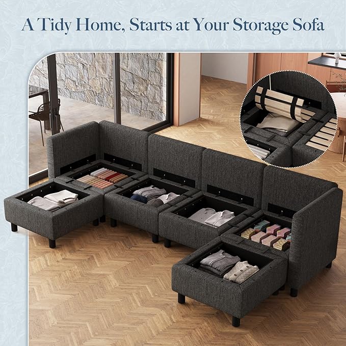 Belffin 110.2" Modular Sectional Sofa 6 Seats U Shaped Couch Washable Sectional Couches for Living Room Comfy Couches with Storage Seat Couch Sofas with Chaise,Dark Grey