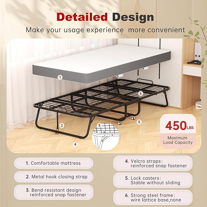 Superday Folding Bed with Mattress, 75” x 31” Portable Rollaway Bed, Twin Foldable Bed with 5" Mattress, Roll Away Beds for Adults, Fold up Beds for Guest Room&Small Apartment, Twin Size,Cot Size