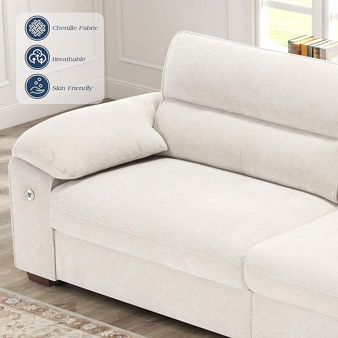WorthFurni Sofas for Living Room, Chenille Pillow-Armrest Loveseat Couch Set, Small Sofa, 3 Seater Sofa, USB Charging, Removable Sofa Cover, Solid Wood Frame, Easy to Install (90.5 inch, Beige)