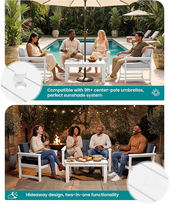 SERWALL HDPE Outdoor Loveseat with Cushions, All Weather Use Outdoor Loveseat Sofa, White Frame/Grey Cushion