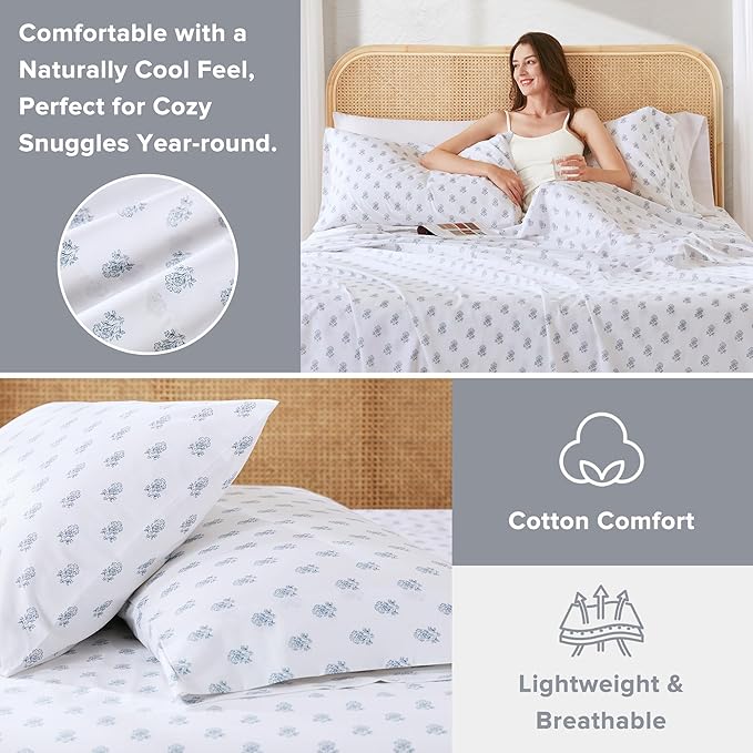 Comfort Spaces 100% Cotton Sheets Full, Breathable, Naturally Cool Cotton Sheets, Soft Cotton Bed Sheets with 14" Elastic Pocket Fits up to 16" Mattress, All Seasons Sheet Set, Floral Blue 4 Piece