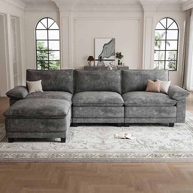 Modern L Shaped Sofa Couches for Living Room, Modular Sectional Cloud Couch with Movable Ottoman, Comfy Chenille Sofa for Apartment and Small Space, Dark Gray