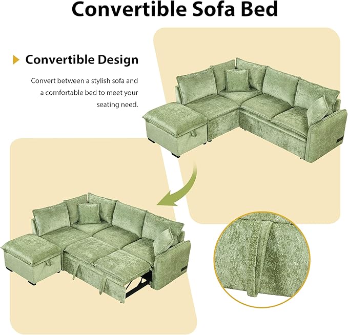 LUMISOL 82.7" Convertible Sleeper Sofa Bed with Storage Ottoman, L-Shaped Sectional Sofa with Pull Out Bed, USB Ports, Chenille Sleeper Sofa Couch with Chaise for Living Room, Green