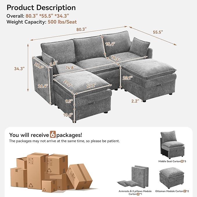 80" Cloud Modular 3 Seater Sofa with 2 Storage Ottoman, Modern Storage Sofa Couch Deep Seat, U Shape Sectional Sofa Chenille Comfy Couch with Armrests for Living Room, Small Space, Light Grey | Modular Sofa, Storage Ottoman, Upholstered Sofa, Sectional...