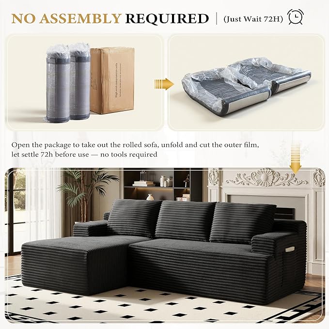96" Sectional Couches for Living Room Cloud Couch Sofa with L-Shape Upholstered Boneless Couchs Modern Modular Sectional Couch with Chaise (Black, 96" W+Left Facing Chaise+2Seaters)