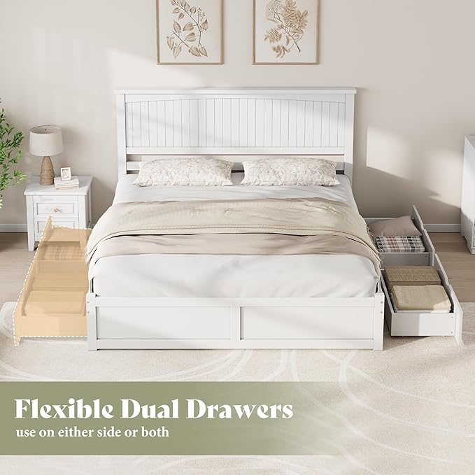 AMERLIFE Solid Wood Full Size Storage Bed Frame with Headboard, Platform Bedframe with 2 Storage Drawers, Beadboard Design & Wooden Slats/No Box Spring Needed/Noise-Free, Coastal White Finish