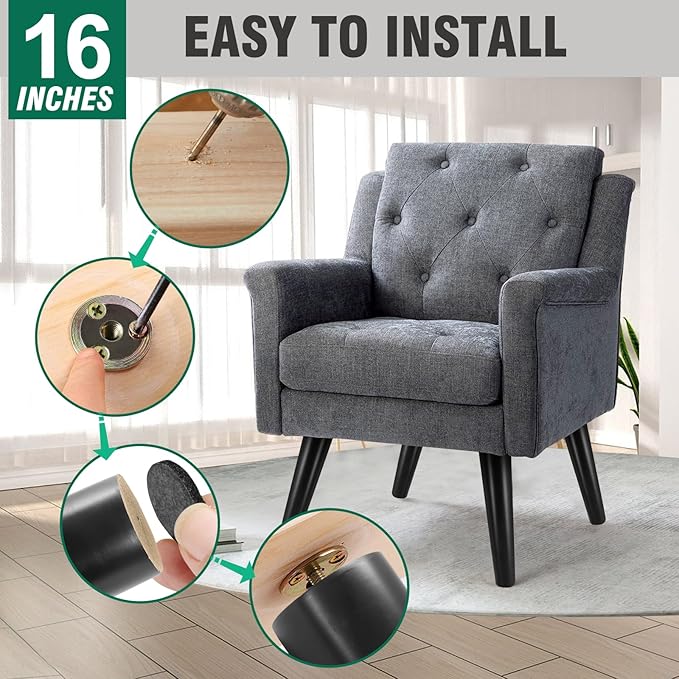 FoDau770 Black Rubber Wood Furniture Legs 16 Inches, Slant Tapered Wood Feet Mid Century Table Legs Set of 4, 5/16" UNC Screw-in Furniture Feet - Max Leg Diameter 2.3"