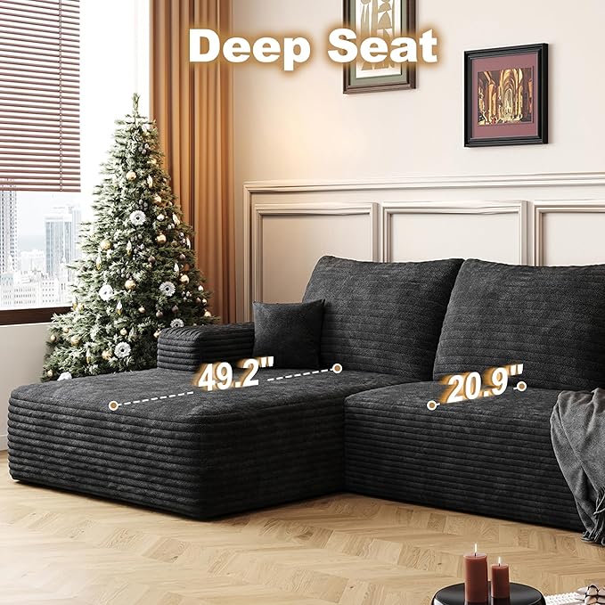 108" Sectional Couches for Living Room Cloud Couch Sofa with L-Shape Upholstered Boneless Couchs Modern Modular Sectional Couch with Chaise (Black, 108" Left Facing Chaise+2Seaters+1Ottoman)