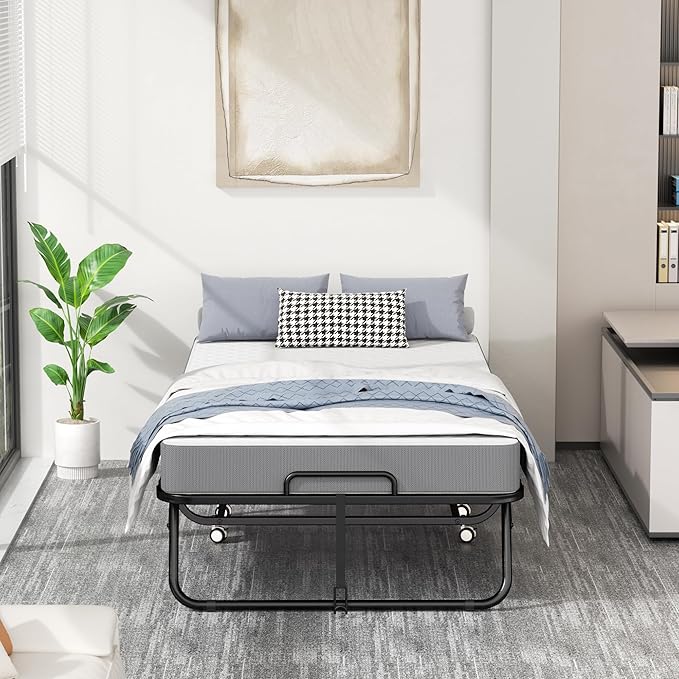INTERGREAT Folding Bed, 75" x 31" Cot Size Portable Folding Beds for Adults, Metal Foldable Bed on Wheels for Guest, Space Saving Roll Away Beds for Easy Storage