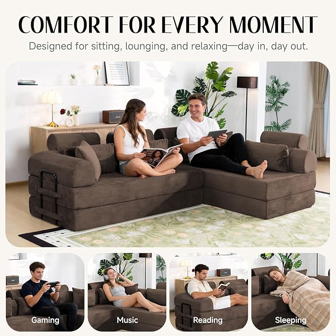 106" L-Shaped Modular Boneless Couch, 2-Piece System (2×70.87"), Convertible Sectional to 141.7" Straight Sofa, Corduroy Couch in a Box, Headrest & Back Pillows for Living Room，Brown