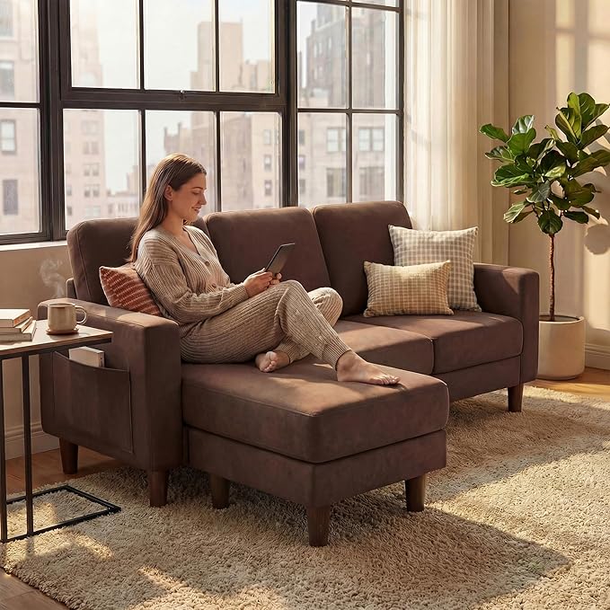 YESHOMY L-Shaped Sofa Couch, Small Couch with Reversible Chaise and Ottoman, Convertible Sectional Comfy 3 Seat Sofas with Side Pockets for Apartment and Living Room (Brown)