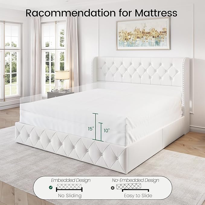 LARMACE King Size Bed Frame with 4 Storage Drawers and 47.2" Tall Wingback Headboard Velvet Upholstered Platform Bed Frame Tufted Beds with Wooden Slats Support, Easy Assembly, White