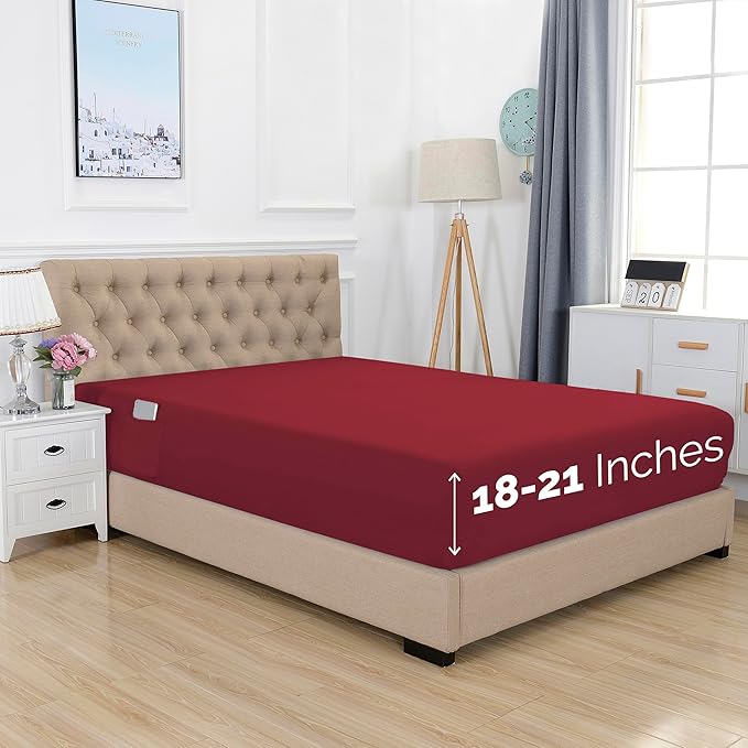 Elegant Comfort 1500 Premium Hotel Quality 18-21 Inches Deep - Extra Deep Pocket Single Fitted Sheet for High Mattress, Luxury and Softest, Smart Pocket - Wrinkle Free, Full, Burgundy