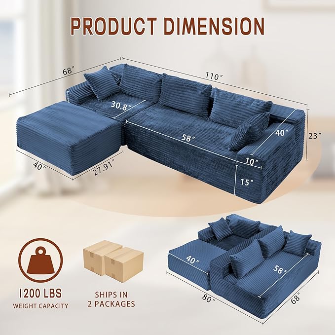 110" L-Shaped Modular Sectional Sofa with Chaise, Boneless Comfy Corduroy Fluffy Couch with Deep Seat and Side Pockets, Flexible Module Combination for Living Room, No Assembly, Side Pockets