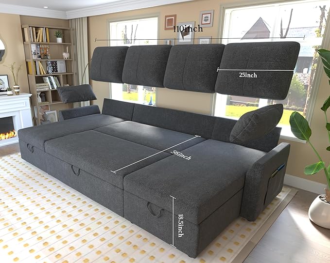 VanAcc Sleeper Sofa, 110 inch Oversize - 2 in 1 Pull Out Bed, Sectional Sleeper Sofa with Double Storage Chaise for Living Room, Grey Linen Couch