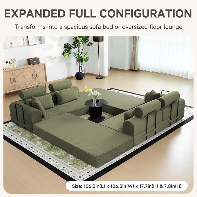 Boneless Sectional for Small Spaces, 106” L Shaped Couch From Two 70.87” Modules, Reconfigures to 141.7” Straight Sofa, Corduroy Compressed Couch in a Box With Headrest Back Pillows, Light Green