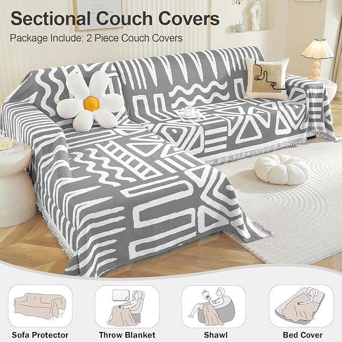 OstepDecor Boho Sectional Couch Covers 2 Pieces, L Shaped Sofa Cover, Chenille Couch Cover for Dogs Washable, Couch Cover Blanket, Sofa Slipcover for 2-3 Cushion Couch (71"x110"+71"x118", Dark Grey)