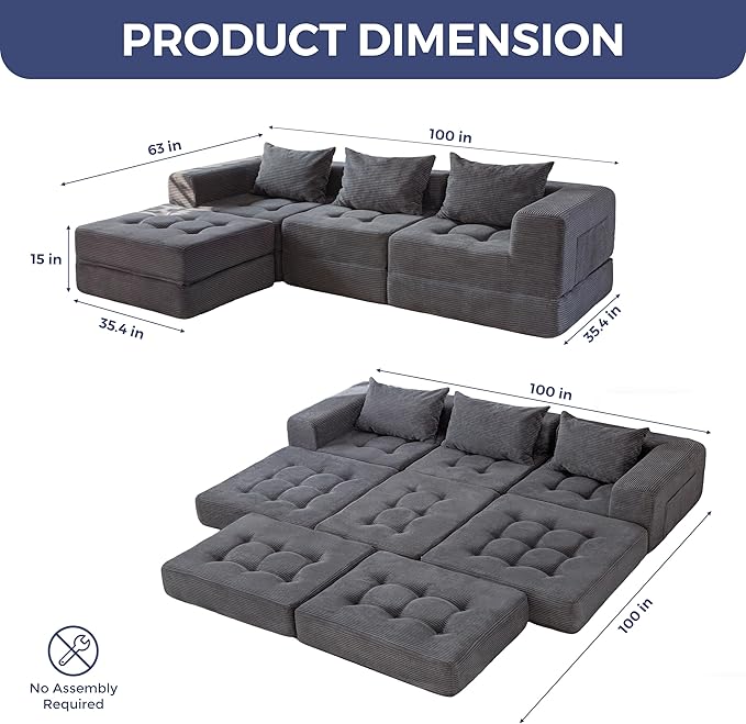 MAXYOYO Modular Sectional Sofa Couch, Foldable L-Shaped Folding Sofa Bed with Ottoman, Convertible Sectional Couch Corded Tufted Floor Sofa Lounger with Pillows for Living Room, No Assembly, Dark Grey