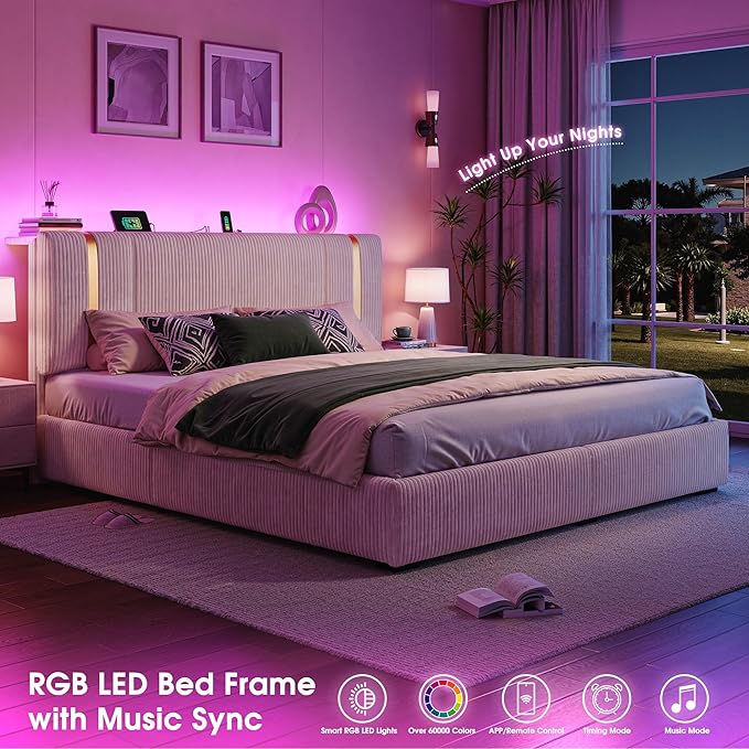 HomKdom King Size Bed Frame with 6 Storage Drawers, Soft Upholstered Bed Frame King with Adjustable Tall Corduroy Headboard, LED Light & Charging Station, 1200-LB Heavy Duty Metal Support,Modern,Beige